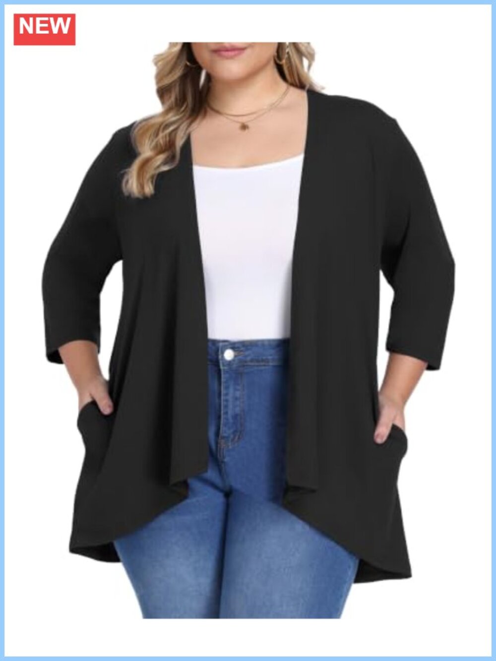 Plus Size Cardigan 3/4 Sleeve Milk Silk Open Front Cover Up Pockets